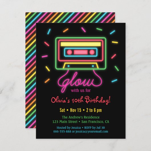 Faux Retro Cassette Neon Glow Verjaardagsfeestje Kaart (Voorkant / Achterkant)