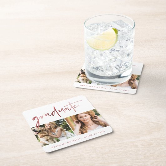 Faux Roos Gold Afstuderen Script Photo Grid Wit Kartonnen Onderzetters (Insitu)