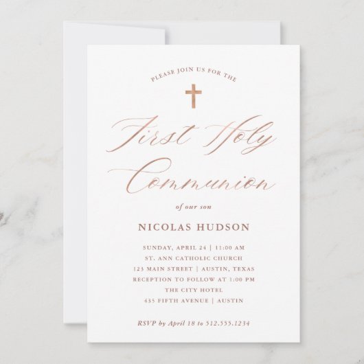 Faux Roos Gold Calligrafie | Eerste Heilige Commun Kaart (Voorkant)