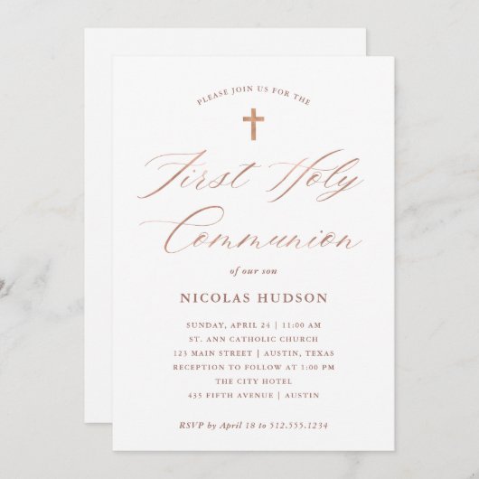 Faux Roos Gold Calligrafie | Eerste Heilige Commun Kaart (Voorkant / Achterkant)