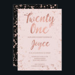 Faux roos gold confetti blush 21st Birthday name Kaart<br><div class="desc">Faux roos gold confetti splatters blush roze 21st Birthday custom name. Een moderne uitnodiging van een 21e verjaardag met moderne, originele en eenvoudige faux roos gouden folie-uitnodiging met roos gouden confetti splatters en met de hand geschreven stijl borsteltypografie op een volledig aanpasbare pastelroze kleur achtergrond en zwart aan de achterkant....</div>
