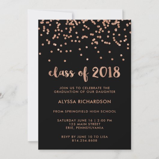 Faux Roos Gold Confetti Graduation Party | Zwart Kaart (Voorkant)