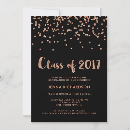Faux Roos Gold Confetti Graduation Party | Zwart Kaart (Voorkant)