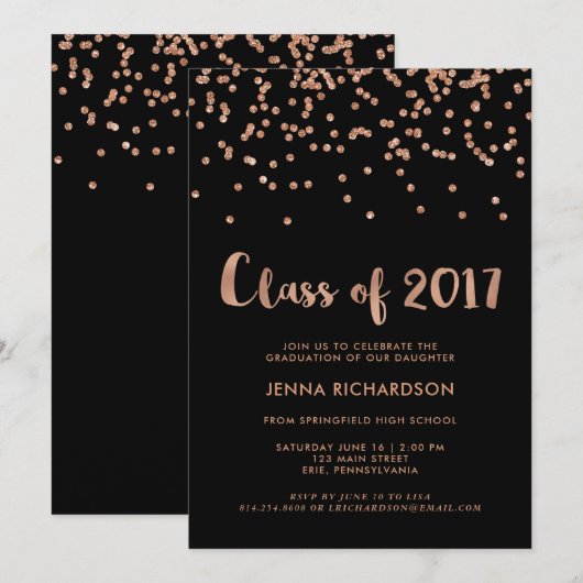 Faux Roos Gold Confetti Graduation Party | Zwart Kaart (Voorkant / Achterkant)