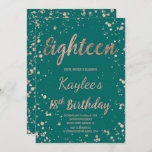 Faux roos gold confetti green 18th Birthday Kaart<br><div class="desc">Faux roos gold confetti splatters emerald green18th Birthday custom name. Een moderne 18e feestdag met een moderne, originele en eenvoudige faux-roos gouden folie-uitnodiging met roos gouden confetti splatters en met de hand geschreven stijl borsteltypografie achttien op een volledig aanpasbare smaragdgroene achtergrond. Als u een gewijzigde en aangepaste tekst nodig hebt,...</div>