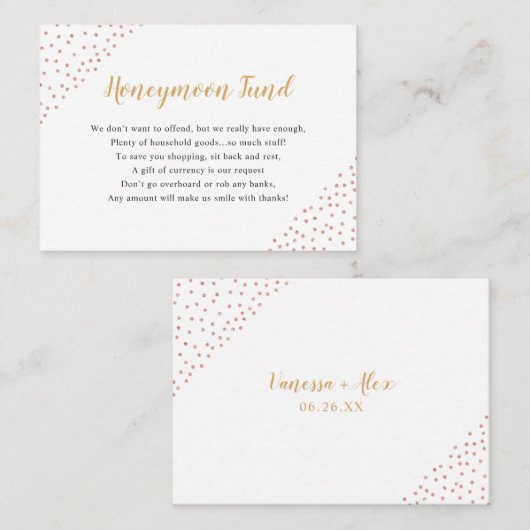 Faux Roos Gold Confetti Honeymoon Fund Informatiekaartje (Voorkant / Achterkant)