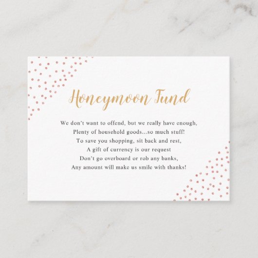 Faux Roos Gold Confetti Honeymoon Fund Informatiekaartje (Voorkant)