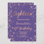 Faux roos gold confetti Paars 18th Birthday Kaart<br><div class="desc">Faux roos gold confetti splatters 18th Birthday A modern 18th Birthday party call with modern, original and Simple faux roos gold foil call with roos gold confetti splatters and hand-write style borsteltypografie op een volledig aanpasbare Paarse violette achtergrond. . Als u een gewijzigde en aangepaste tekst nodig hebt, aarzel dan...</div>