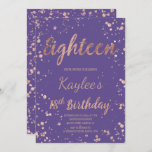 Faux roos gold confetti paars 18th Birthday Kaart<br><div class="desc">Faux roos gold confetti splatters Paars violet 18th Birthday custom name. Een moderne 18e feestdag met moderne, originele en eenvoudige faux roos gouden folie-uitnodiging met roos gouden confetti splatters en met de hand geschreven stijl borsteltypografie achttien op een volledig aanpasbare Paarse violette achtergrond. Als u een gewijzigde en aangepaste tekst...</div>