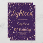 Faux roos gold confetti paarse druif 18th Birthday Kaart<br><div class="desc">Faux roos gold confetti splatters paarse druif 18th Birthday custom name. Een moderne 18e feestdag met een moderne, originele en eenvoudige uitnodiging voor gouden bladzijden met roos in ongewijzigde vorm met roos gouden confetti splatters en met handgeschreven stijl borsteltypografie achttien op een volledig aanpasbare paarse achtergrond van druiven. Als u...</div>