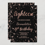 Faux roos gold confetti splatters 18th Birthday Kaart<br><div class="desc">Faux roos gold confetti splatters 18th Birthday A modern 18th Birthday party call with modern, original and Simple faux roos gold foil call with roos gold confetti splatters and hand-write style borsteltypografie on a volledig klantgerichte zwarte color background. . Als u een gewijzigde en aangepaste tekst nodig hebt, aarzel dan...</div>