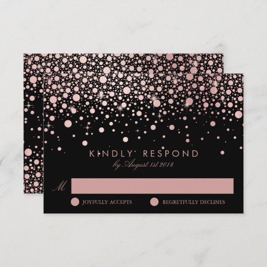 Faux Roos Gold Confetti Stippen Black Weddenschap  RSVP Kaartje (Voorkant / Achterkant)