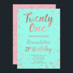 Faux roos gold confetti turquoise 21st Birthday Kaart<br><div class="desc">Faux roos gold confetti splatters blush roze 21st Birthday A modern 21st Birthday party met moderne, originele en eenvoudige faux roos goudfolie-uitnodiging met roos gouden confetti splatters en handgeschreven stijl borsteltypografie op een volledig aanpasbare pastelturquoise kleur achtergrond en roze achteraan. . Als u een gewijzigde en aangepaste tekst nodig hebt,...</div>