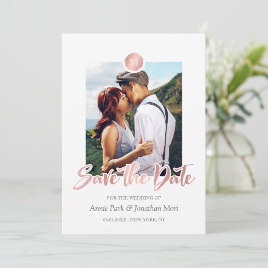 Faux Roos Gold en grijs monogram Opslaan datum Save The Date (Staand voorkant)