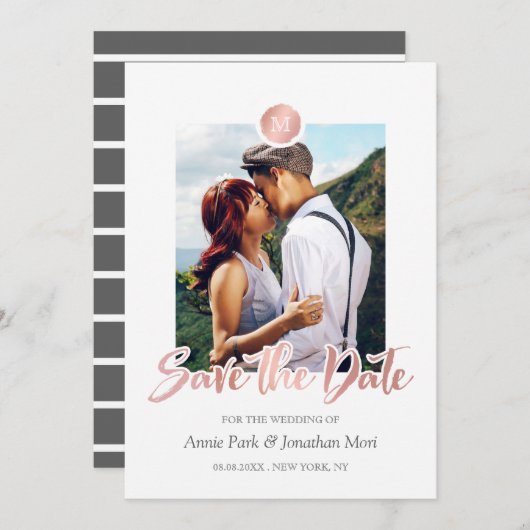 Faux Roos Gold en grijs monogram Opslaan datum Save The Date (Voorkant / Achterkant)