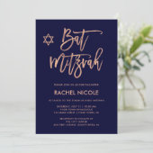 Faux Roos Gold en Navy Blue | Bat Mitzvah Kaart (Staand voorkant)