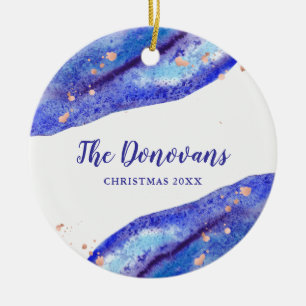 Faux Roos Gold en Waterverf Blue Geode   Foto Keramisch Ornament