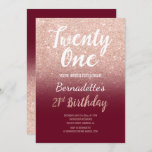 Faux roos gold faux glitter burgundy 21st Birthday Kaart<br><div class="desc">Faux roos gold glitter ombre op marsala burgundy 21st Birthday A modern 21st Birthday party met moderne, originele en eenvoudige faux roos goudglitter-uitnodiging en handgeschreven stijl borsteltypografie op een volledig aanpasbare marsala burgundy kleur achtergrond . Als u een gewijzigde en aangepaste tekst nodig hebt, aarzel dan niet om contact met...</div>