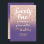 Faux roos gold faux glitter ombre 21st Birthday pu Kaart<br><div class="desc">Faux roos gold glitter ombre op Paars violet 21st Birthday A modern 21st Birthday party met moderne, originele en eenvoudige faux roos goudglitter-uitnodiging en handgeschreven stijl borsteltypografie op een volledig aanpasbare Paarse violette achtergrond. Als u een gewijzigde en aangepaste tekst nodig hebt, aarzel dan niet om contact met mij op...</div>