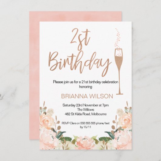 Faux Roos Gold Floral 21e verjaardag Uitnodiging (Voorkant / Achterkant)