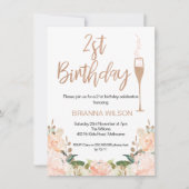 Faux Roos Gold Floral 21e verjaardag Uitnodiging (Voorkant)