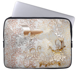 Faux Roos Gold floral swirl Butterfly Laptop Sleeve
