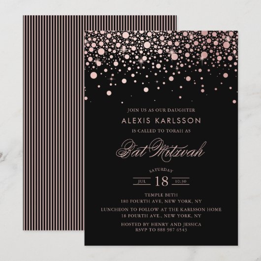 Faux Roos Gold Foil Confetti Black Bat Mitzvah Kaart (Voorkant / Achterkant)