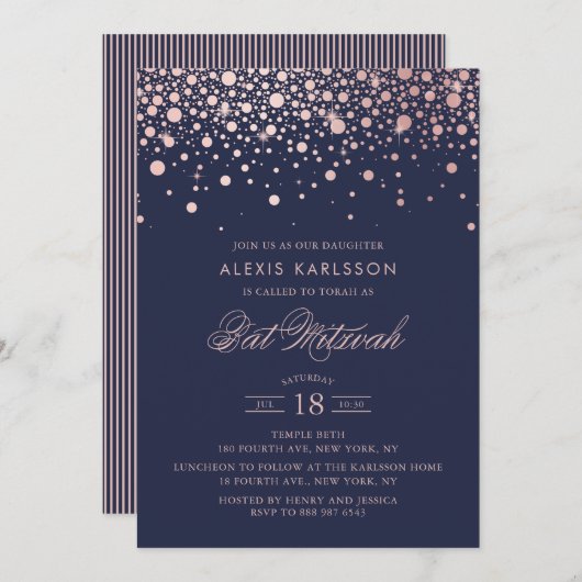 Faux Roos Gold Foil Confetti Blue Bat Mitzvah Kaart (Voorkant / Achterkant)
