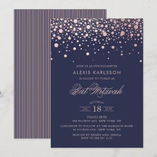 Faux Roos Gold Foil Confetti Blue Bat Mitzvah Kaart
