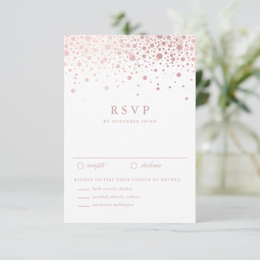 Faux Roos Gold Foil Confetti Stippen Weddenschap R RSVP Kaartje (Staand voorkant)
