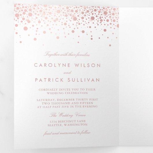 Faux Roos Gold Foil Confetti Stippen White Wedding Drieluik Uitnodiging (Binnenzijde eerst)