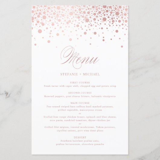 Faux Roos Gold Foil Confetti Wedding Menu Kaart (Voorkant)