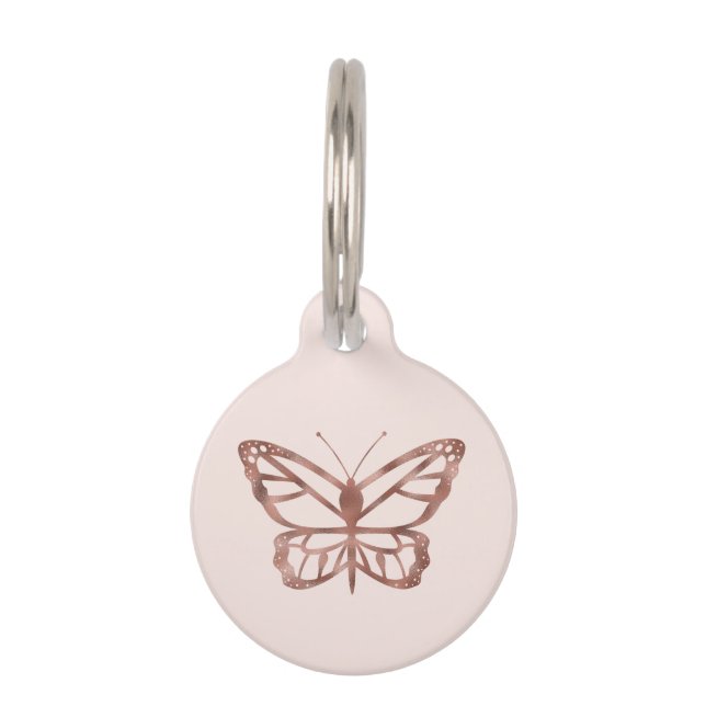 Faux Roos Gold Foil look-like Butterfly on roze Huisdierpenning (Voorkant)
