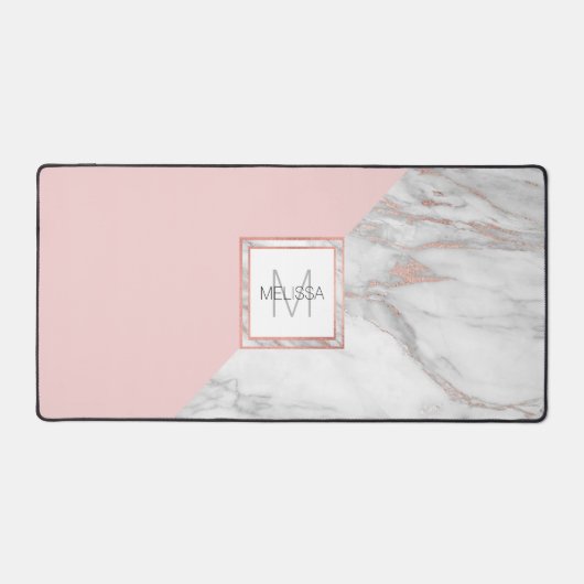 Faux Roos Gold Foil Marble Blush Pink MONOGRAM Bureaumat (Voorkant)