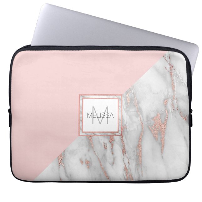 Faux Roos Gold Foil Marble Blush Pink MONOGRAM Laptop Sleeve (Voorkant)