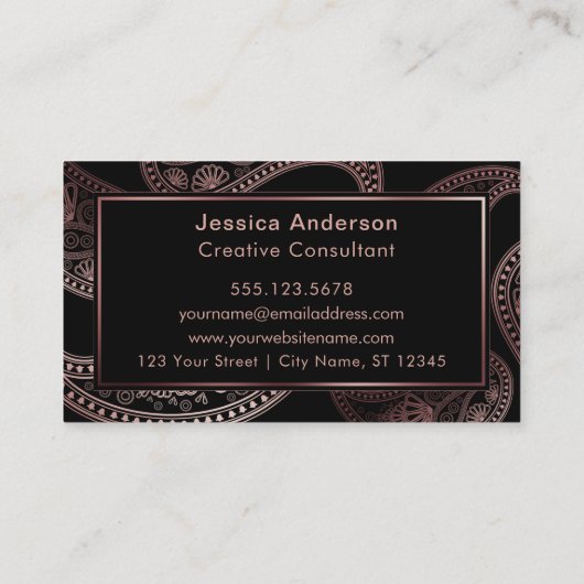Faux Roos Gold Foil Paisley Patronen op Black Visitekaartje (Achterkant)