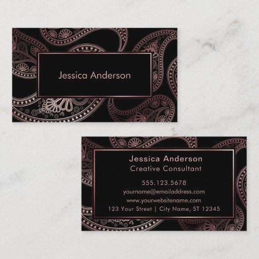 Faux Roos Gold Foil Paisley Patronen op Black Visitekaartje (Voorkant / Achterkant)