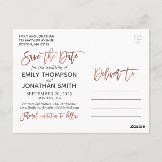 Faux Roos Gold Folie Afbeelding Save the Date Brie Briefkaart (Achterkant)