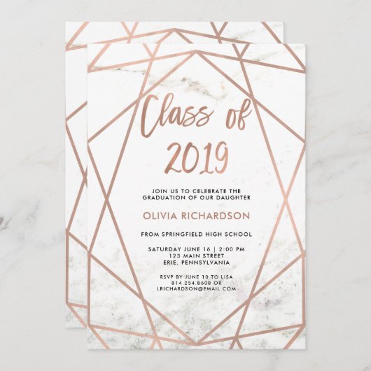 Faux Roos Gold Geometric | Marmer Graduation Party Kaart (Voorkant / Achterkant)