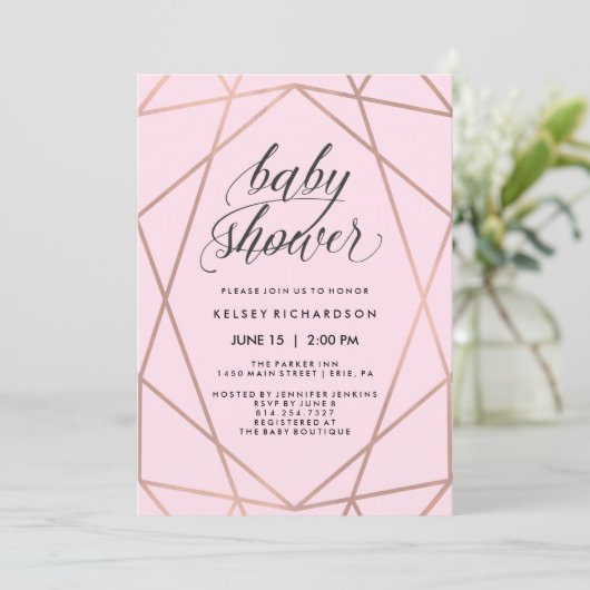 Faux Roos Gold Geometric op Blush Pink Baby shower Kaart (Staand voorkant)