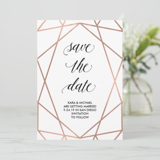 Faux Roos Gold Geometric op White | Datum opslaan Save The Date (Staand voorkant)