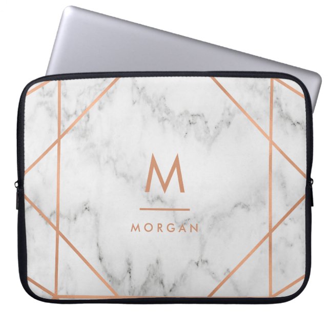 Faux Roos Gold Geometric | Witte marmer Laptop Sleeve (Voorkant)