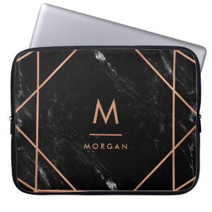 Faux Roos Gold Geometric   Zwarte marmer Laptop Sleeve
