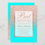 Faux roos gold glitter aqua chic Bat Mitzvah Kaart<br><div class="desc">Een modern,   en elegant faux roos goudglitter douche ombre met aqua color block Bat Mitzvah uitnodiging met roos goudombre patroon vervapt op een aqua achtergrond met elegant goudlijst Perfect voor een prinses Bat Mitzvah</div>