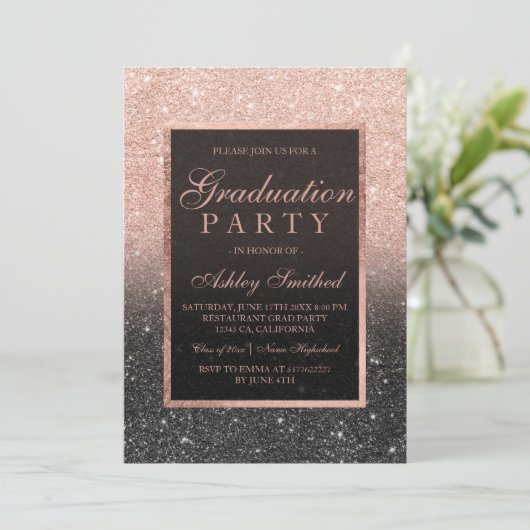 Faux roos gold glitter black Graduparty Kaart (Staand voorkant)