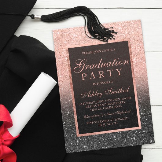 Faux roos gold glitter black Graduparty Kaart