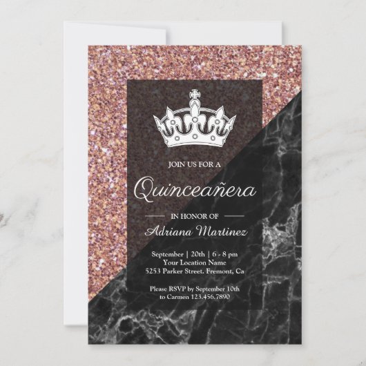 Faux Roos Gold Glitter Black Marble Quinceanera Kaart (Voorkant)