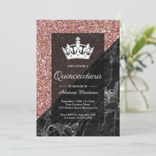 Faux Roos Gold Glitter Black Marble Quinceanera Kaart (Staand voorkant)