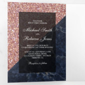 Faux Roos Gold Glitter Blue Marble Weddenfoto Drieluik Uitnodiging (Binnenzijde eerst)