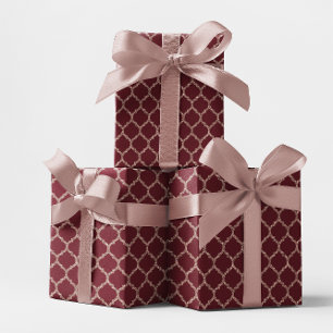 Faux Roos Gold Glitter en Burgundy Quatrefoil Cadeaupapier